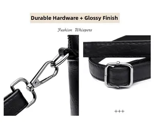 Detail showing polished silver-tone metal hardware and textured black leather bag strap