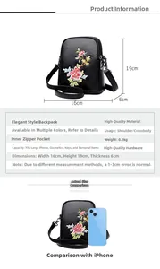Detailed view of black leather phone bag with red floral embroidery and size reference