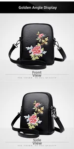 Detail view showing floral embroidery on a black textured leather crossbody phone bag