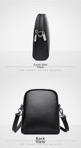 Side and back view of a black dual-zipper crossbody bag with litchi grain texture