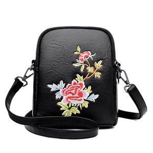 Vintage Chinese Style Embroidered Mobile Phone Bag For Women PU Leather Double Zipper Crossbody Shoulder Bag Floral Pattern Purse