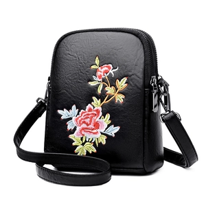 Classic black PU leather crossbody phone bag featuring exquisite floral embroidery with dual zippers
