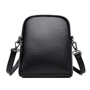 Classic black leather crossbody phone bag with double layers and adjustable strap