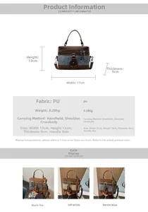Detailed size specifications for the vintage PU leather and denim mini cylinder bag