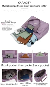 Dettaglio borsa in nylon viola con multitasche e grande capacità per oggetti quotidiani