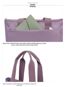 Dettaglio borsa tote in nylon viola con manico rinforzato e tasca posteriore antifurto