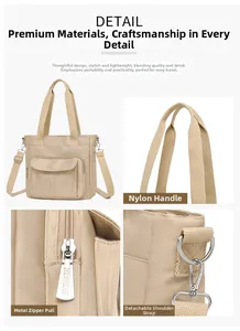 Detailed views of beige nylon tote bag showing durable fabric, zippers, and adjustable strap