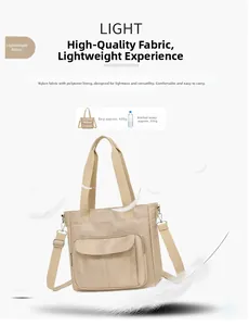 Detail of lightweight khaki nylon tote bag weighing 430g with detachable shoulder strap