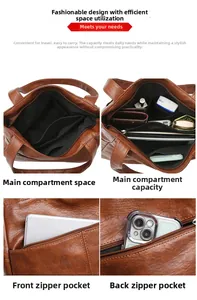 Detail view of the deep brown leather tote bag showing multi-compartment interior storage