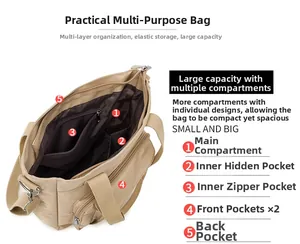 Detail view of khaki nylon tote bag interior showing multiple functional storage compartments