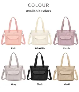 Nylon tote bag display in pink, beige, purple, grey, black, and khaki with straps