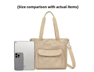 Nylon tote bag size comparison with tablet showing large capacity storage space