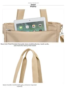 Detailed view of khaki nylon tote with anti-theft back pocket and reinforced handles