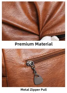 Close-up of premium brown lychee texture leather and durable metal zipper hardware