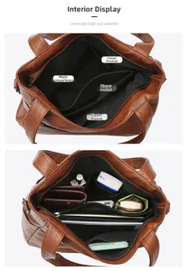 Detail showing the internal storage compartments of the brown vintage leather tote bag