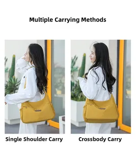 Sac bandoulière en nylon jaune montré en porté épaule et croisé avec tissu imperméable