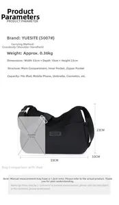 Détails du sac bandoulière en nylon noir taille 33x10x23cm et structure interne