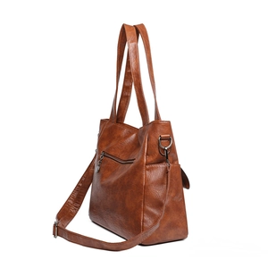 Vintage brown PU leather tote bag with large capacity and adjustable shoulder strap