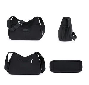 Vue détaillée sur quatre angles d'un sac bandoulière en nylon noir avec zips argentés