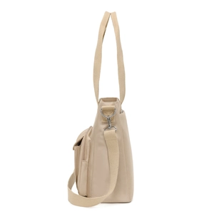 Minimalist beige nylon tote bag with side pockets and adjustable shoulder strap