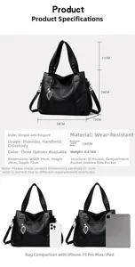 Detaillierte Größentabelle und Kapazitätsanzeige für die große schwarze Ledertasche