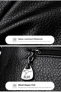 Makroansicht von schwarzem Leder mit Litschi-Maserung und BLDS-Logo am Reißverschluss