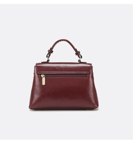 Detail of dark red handbag featuring a single top handle and gold-tone back zipper