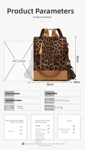 Tableau des tailles détaillé du sac à dos en similicuir léopard avec dimensions précises
