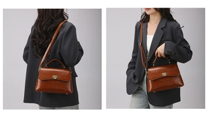 Detail view of brown vintage glossy leather handbag set with adjustable strap and metal lock