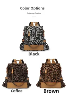 Détails de trois sacs à dos léopard disponibles en coloris noir, café et marron