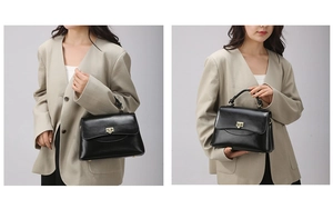 Detail of vintage black matte leather tote with metal swivel lock and trapezoid flap