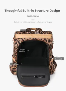 Vue détaillée de l'intérieur du sac à dos léopard montrant plusieurs compartiments