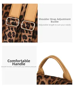Détail d'un sac à dos léopard avec boucle en métal réglable et poignée en cuir élégante