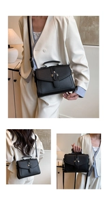 Detailed views of black pebbled leather square handbag with silver buckle and shoulder strap