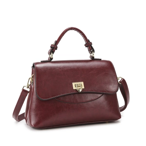 Retro wine red synthetic leather handbag with golden hardware and adjustable shoulder strap