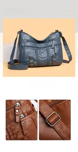 Détails du sac bandoulière en cuir lavé avec poches multiples et textures tressées