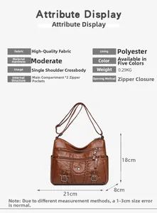 Tableau de tailles pour le sac bandoulière marron vintage mesurant 21x18x8 cm