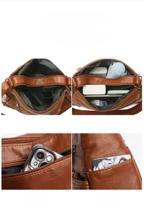 Vue détaillée du sac bandoulière en cuir marron avec plusieurs poches de rangement