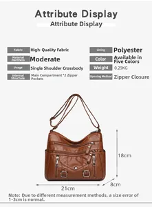 Detailed size specifications and interior structure diagram of brown crossbody bag