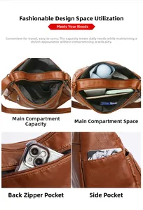 Detail view of brown PU leather crossbody bag showing multi-pocket storage and large capacity
