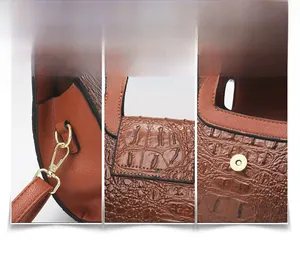 Details der braunen Tasche mit Kroko-Prägung, goldenen Beschlägen und Magnetverschluss