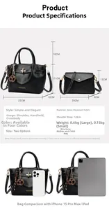 Size comparison and specifications of black faux leather tote and crossbody bag set