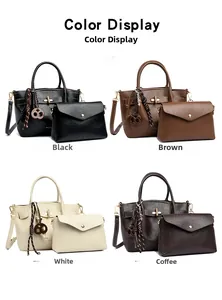 Four-color display of retro tote bags set with matching pouches and gold hardware detail