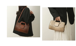 Detaillierter Vergleich von Handtaschen mit Krokoprägung in Kaffeebraun und Beige