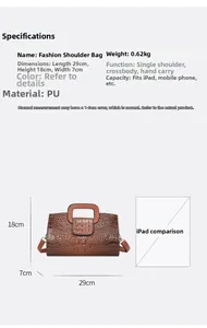 Detaillierte Übersicht der Maße, des Gewichts und der iPad-Kapazität der braunen Handtasche