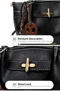 Detail of lychee texture black handbag with pretzel charm and golden cross lock
