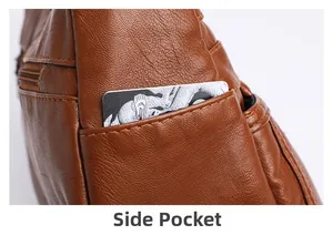 Close-up of the functional side pocket on this brown leather crossbody handbag for women