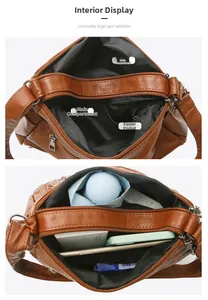 Internal view of a multi-compartment brown leather crossbody bag showing storage capacity