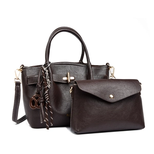 Retro PU Leather Handbag And Small Envelope Bag With Gold Metal Lock Contrast Stitching Detachable Shoulder Strap For Women