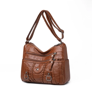 Sac bandoulière en cuir PU marron avec plusieurs fermetures éclair et sangle